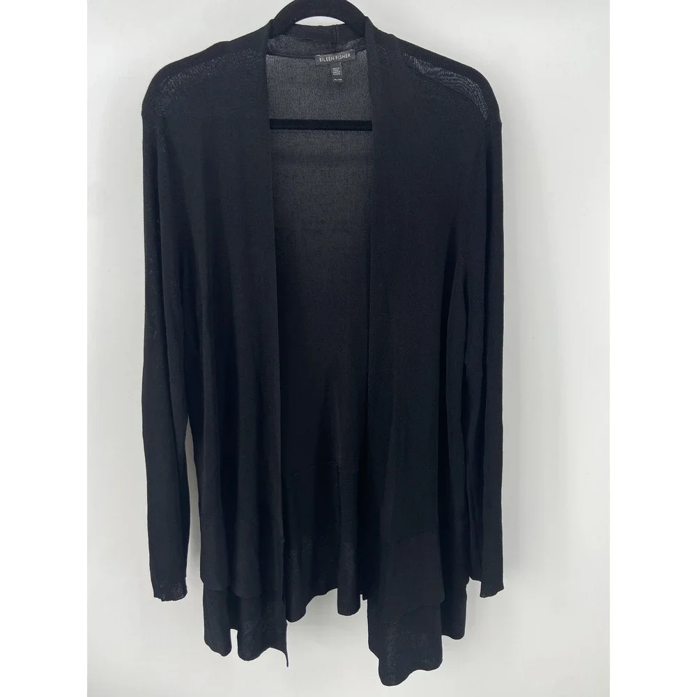 Eileen Fisher Cardigan Sweater Women XL Black Ruffle Open Light Sheer Minimalist